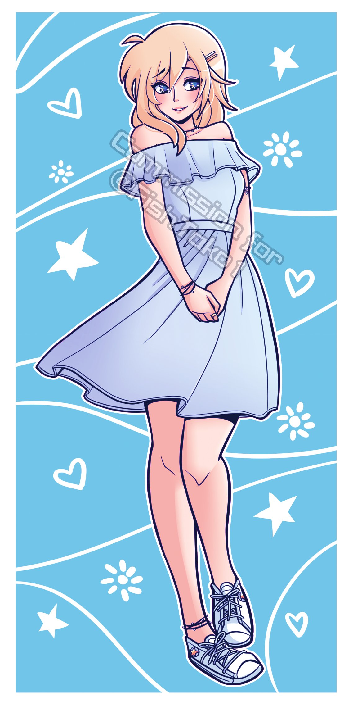 Colored sketch of Kingdom Hearts Namine in a off shoulder light blue dress with light blue converse shoes.